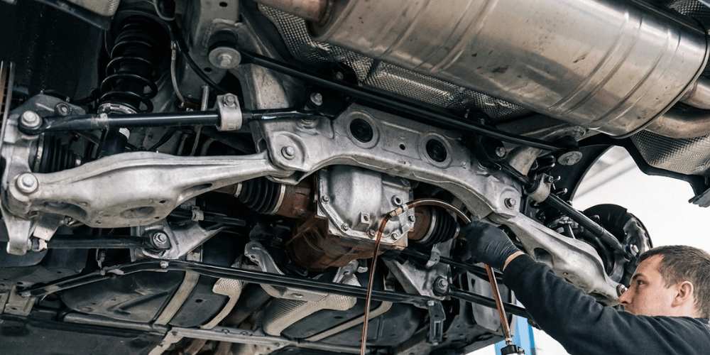 Technician performing a differential fluid service