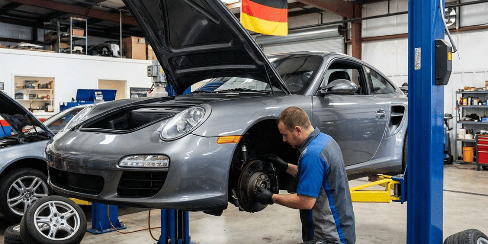 Professional technician replacing the brakes on a Porsche 011