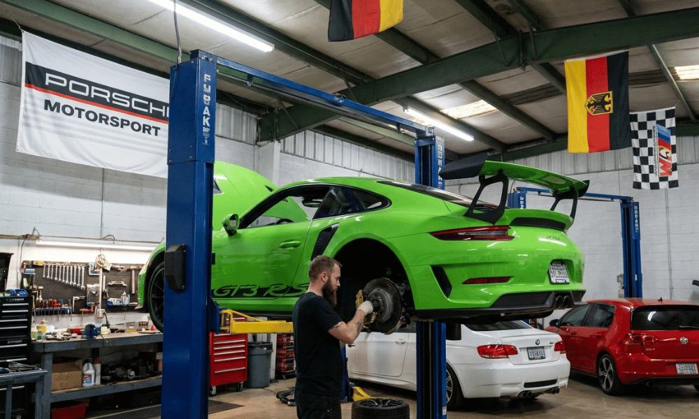 Porsche GT3RS being professionally repaired. 